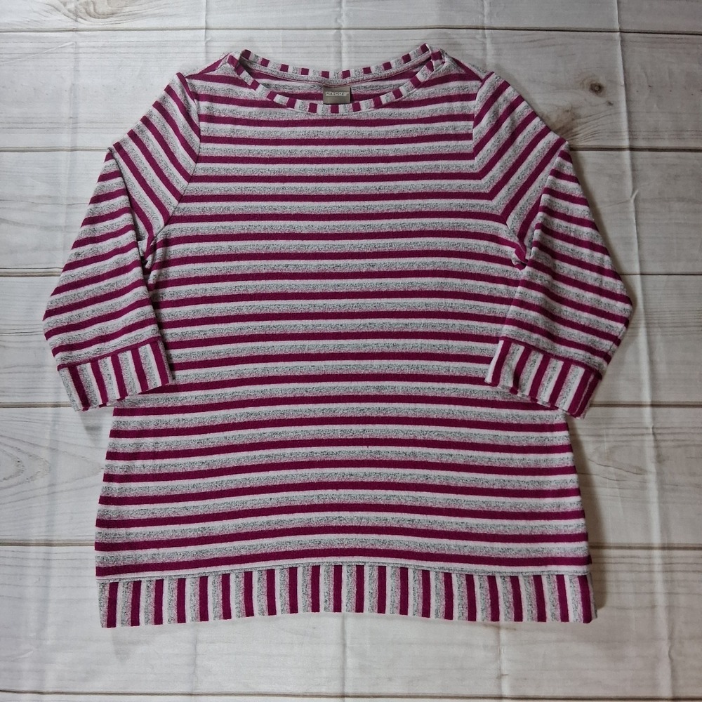 Chico's Womens Size 2 L Striped 3/4 Sleeve Soft Knit Top Pullover Magenta Gray